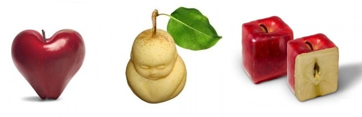 Moulage de fruit - Pomme carrée, pomme en coeur et poire en forme de bouddha